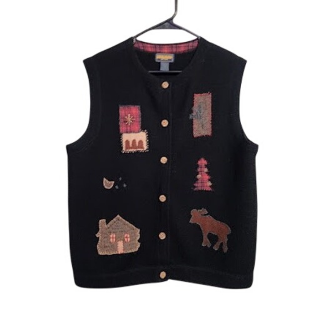Vintage Woolrich Wool Patchwork Vest Cabin Moose Christmas Black Cabincore XL